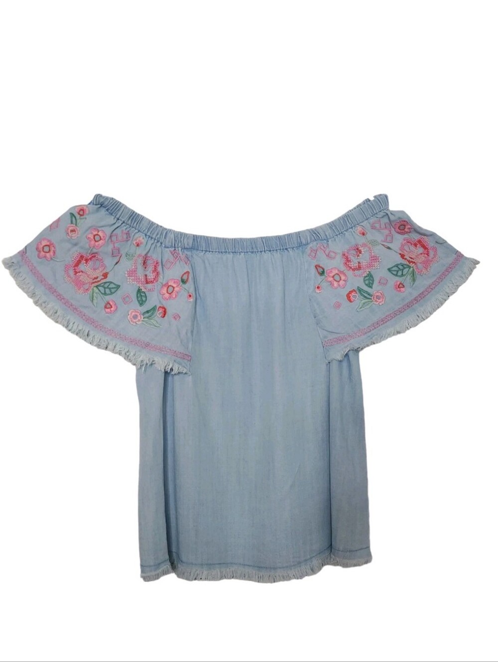 Wonderly Light Blue Off-Shoulder Top with Pink Floral Embroidery